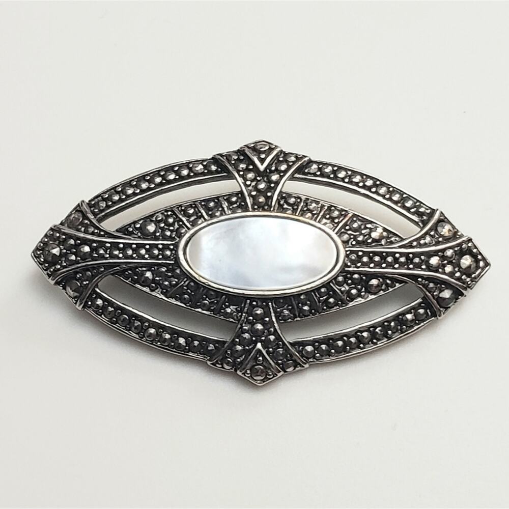 Oval Marcasite Crucifix Brooch With Mother of Pearl Center 2" x 1.25"